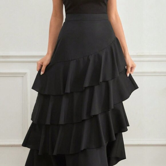 Black Preppy Women's Multi-Layer Ruffle Hem Midi Skirt - Picture 4 of 5
